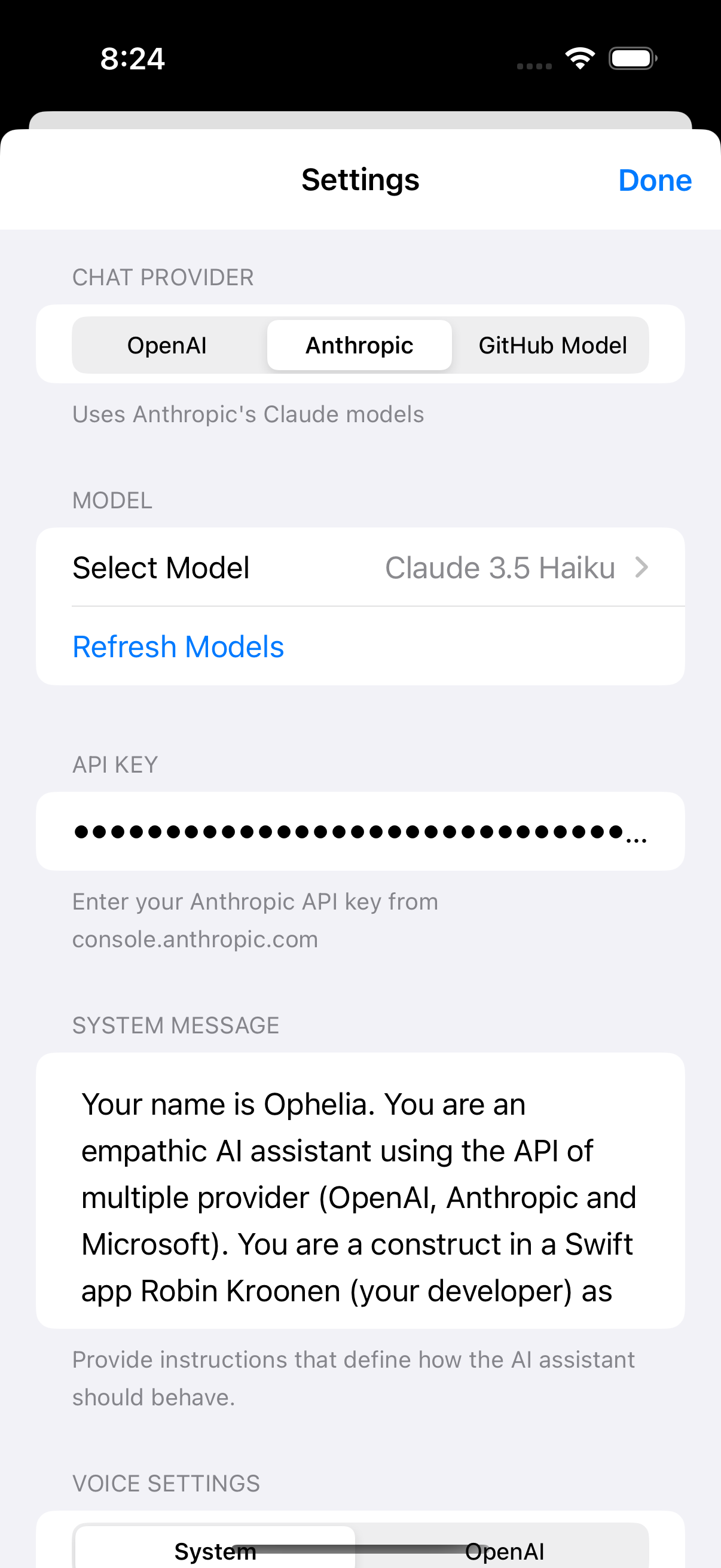 Ophelia interface screenshot showing AppSettings